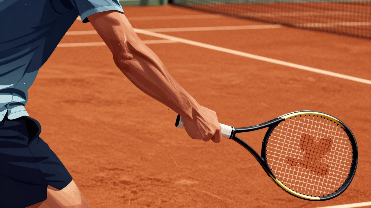 Tennis player on clay court with worn racket strings, contrasting with a bright hardcourt beside them.