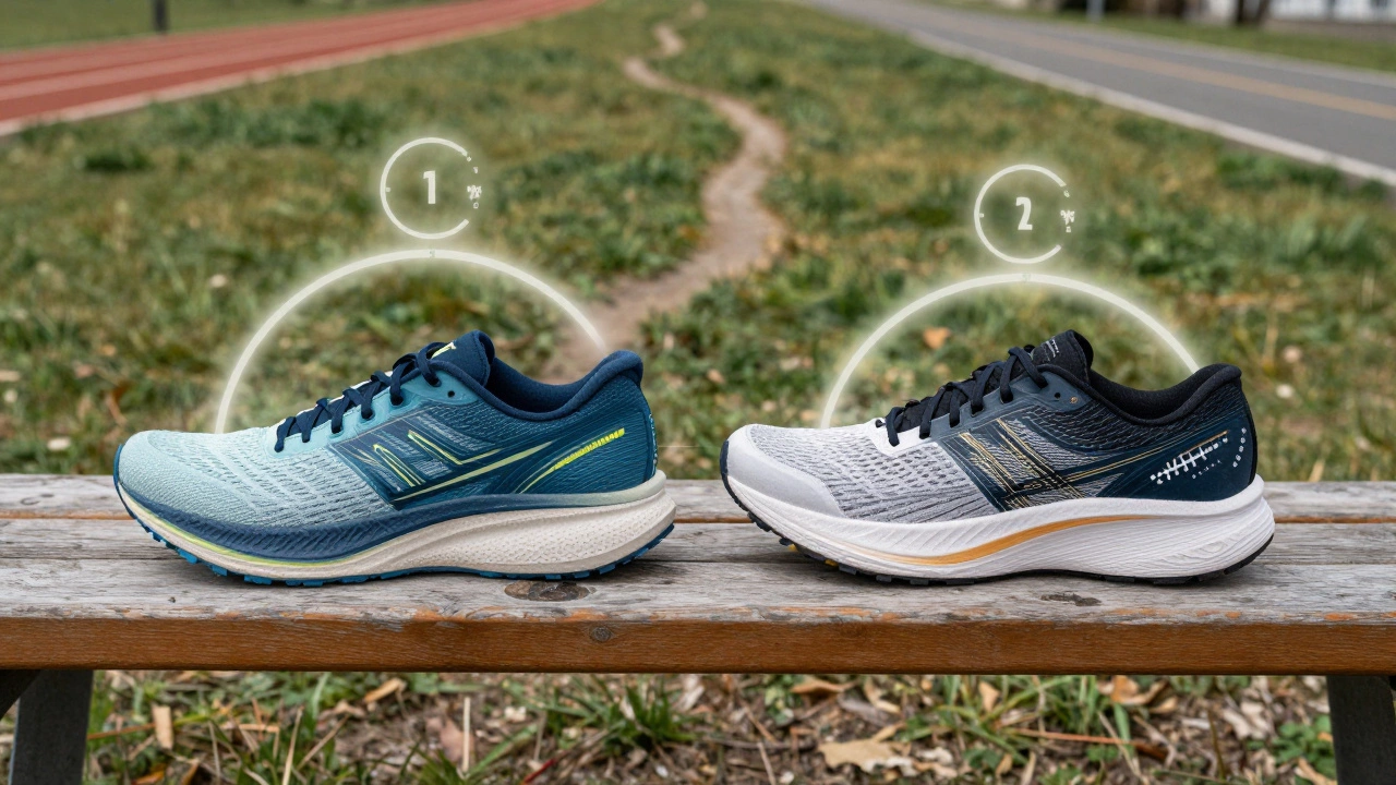 Two running shoe pairs on a bench with glowing mileage and rest timers, surrounded by trail, track, and road.
