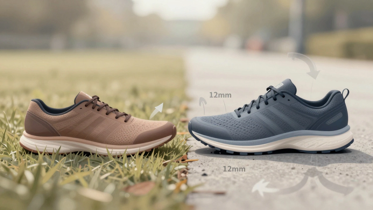 Two running shoes side by side: one flat on grass, one cushioned on concrete, illustrating different impact responses.