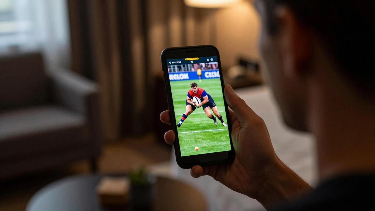 Watching rugby highlights on smartphone showing player scoring try