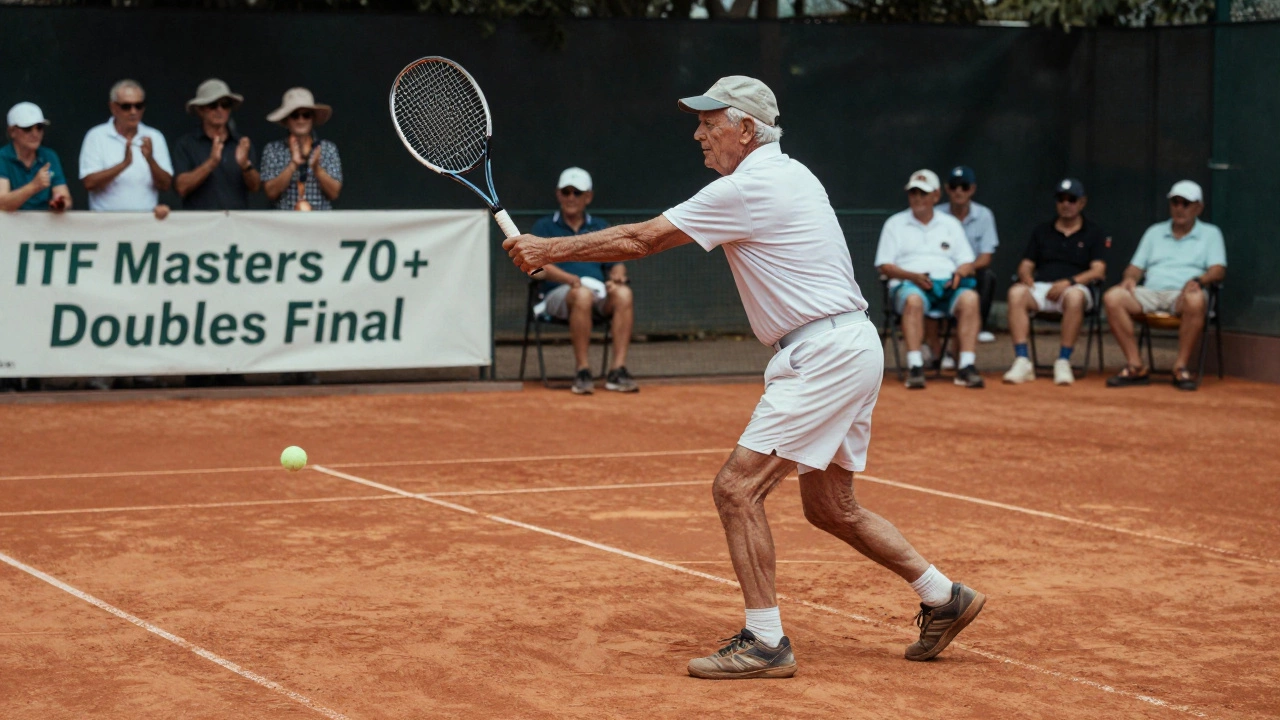 A 70-year-old man playing senior tennis on a clay court, with older spectators cheering nearby.
