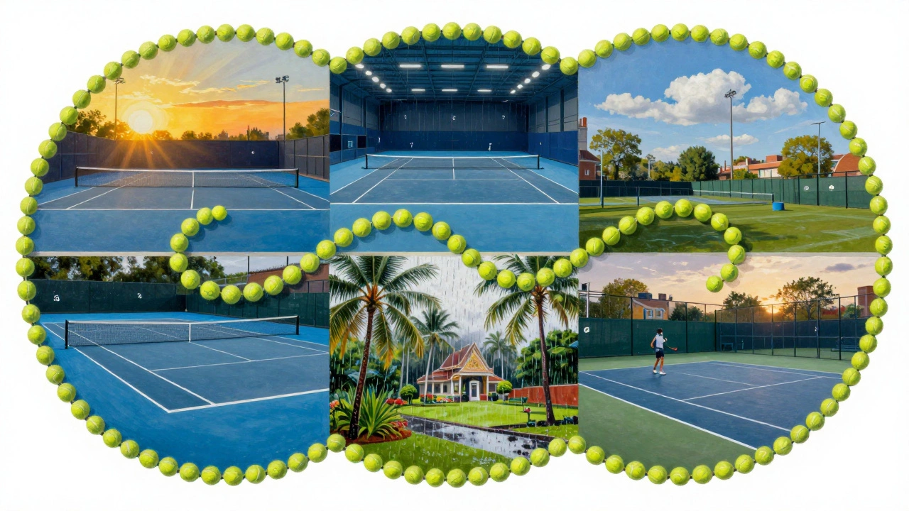A circular calendar mosaic depicting tennis played in all seasons worldwide.