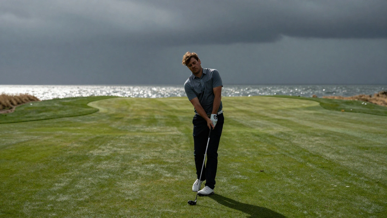 A lone golfer on the tee of TPC Sawgrass's 17th hole, island green surrounded by water under stormy skies.