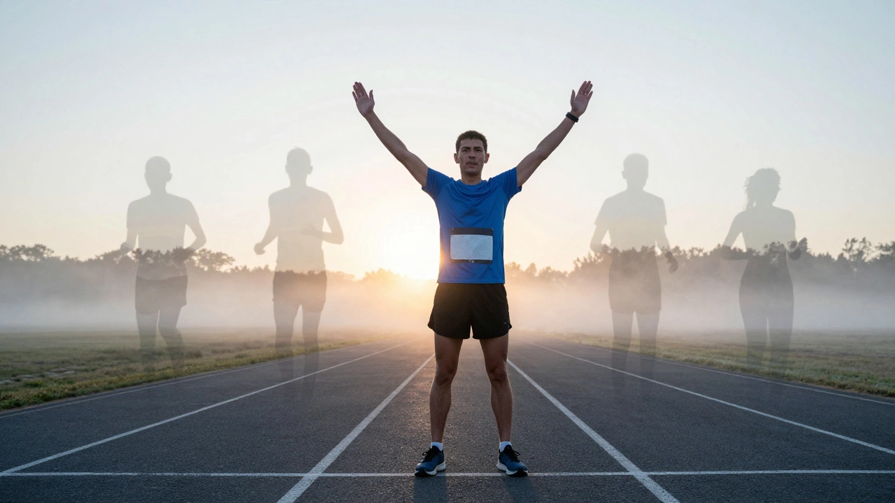 A runner at the marathon start line, with faded ghost images of an overtraining run in the background.