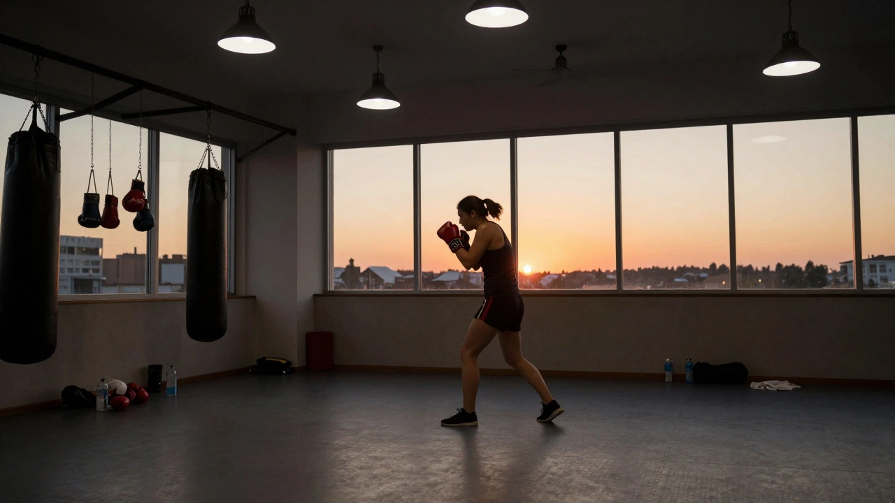 A woman in her 40s shadowboxing alone in a quiet gym at dusk, gloves hanging nearby, golden sunset lighting the scene.