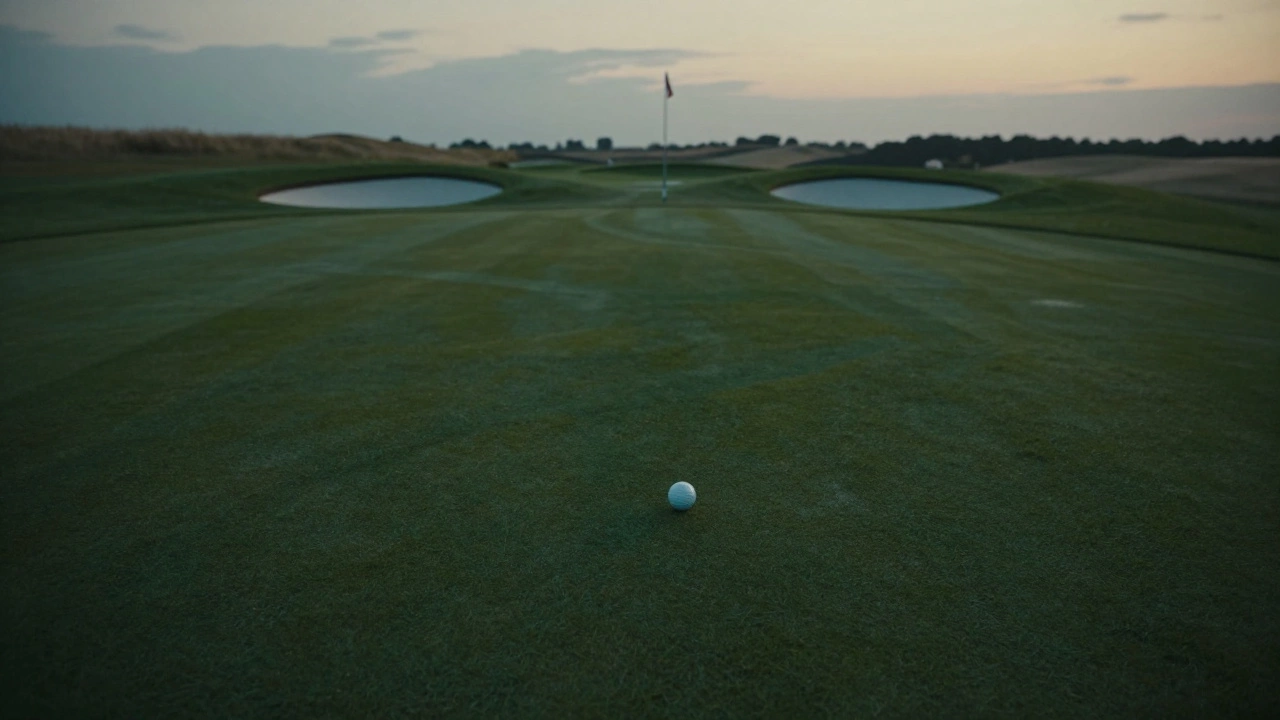 An undulating green at dusk with subtle grain patterns and slope contours distorting the sky's reflection.