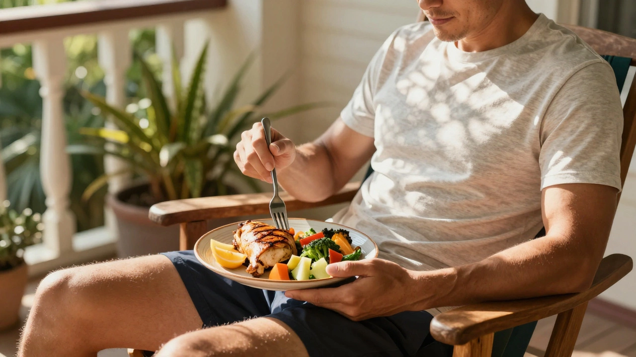 Athlete resting and eating healthy meal after run.
