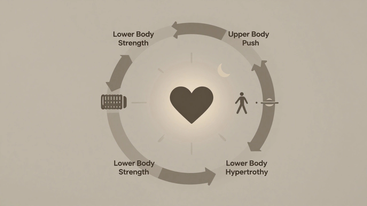 Circular diagram showing workout days and recovery elements, symbolizing balanced fitness without text.