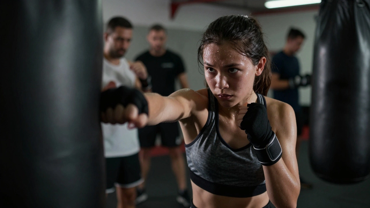 Close-up of a determined teenage girl landing a punch on a heavy bag in a dimly lit boxing gym.