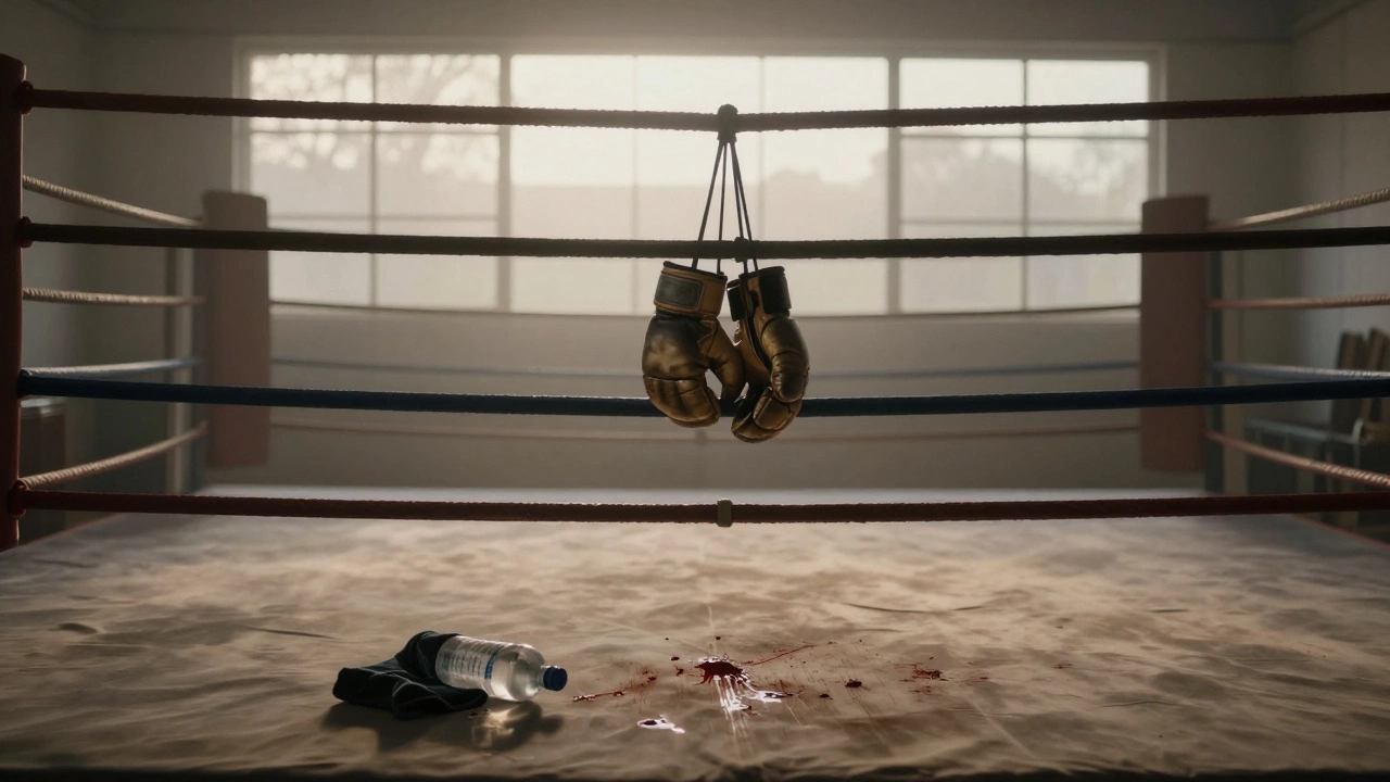 Empty boxing ring at dawn with gloves hanging on ropes, bloodstains on canvas, soft morning light.