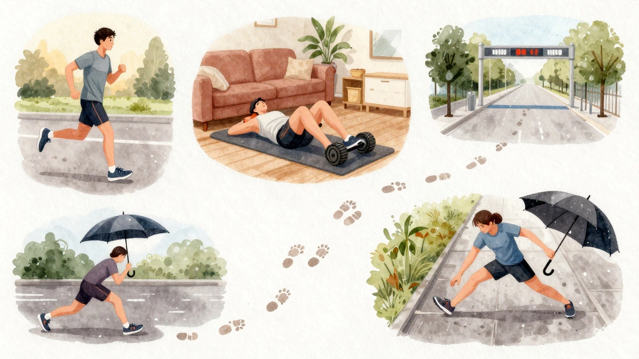 Everyday runners training in different life situations, connected by a path of footprints.