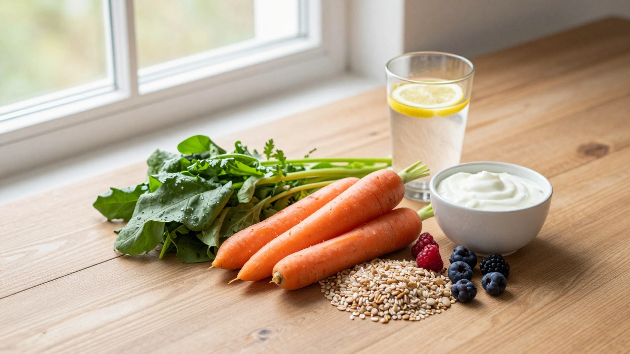 Healthy food arrangement on a wooden table with vegetables and water.