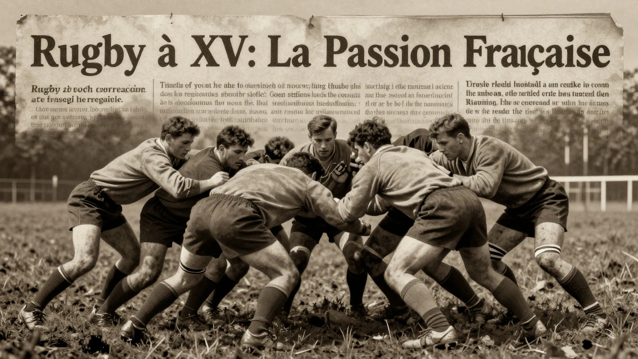 Historical French rugby match from the 1920s with players in wool jerseys, muddy field, and vintage newspaper headline.