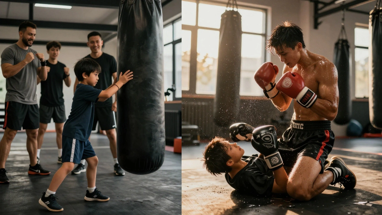 Left: child sparring gently in gym; right: professional boxer knocked down after knockout punch.