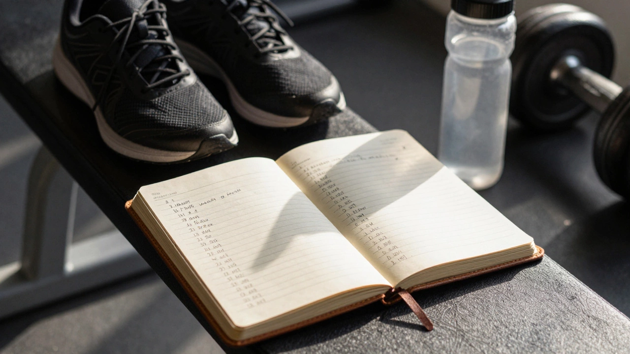 Open notebook with handwritten workout logs beside gym equipment, representing steady personal progress.