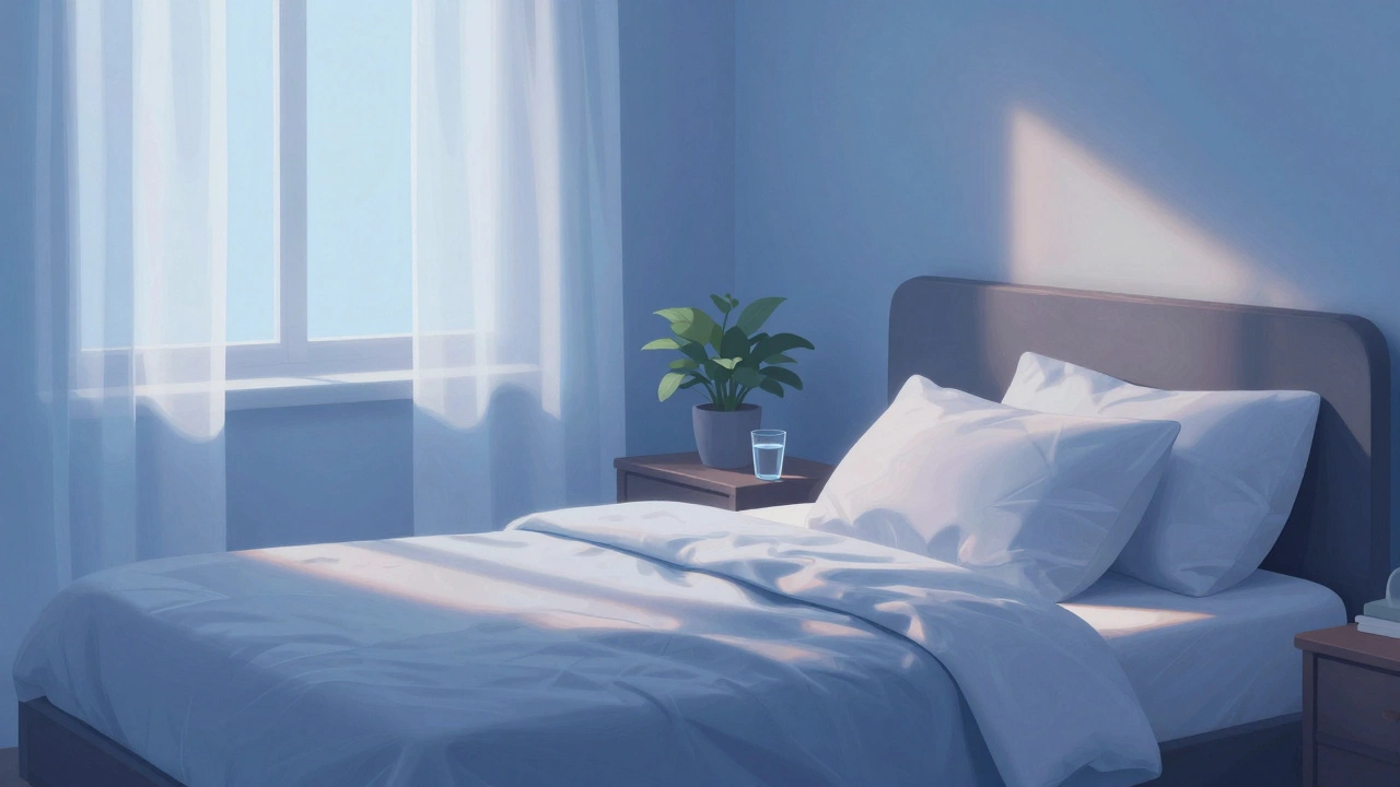 Quiet bedroom interior with soft morning light filtering through curtains.