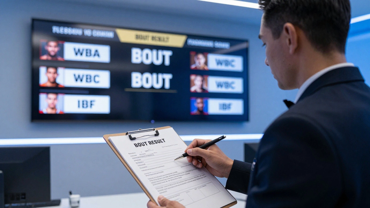 Referee stamping an official 'Bout Result' document in a modern boxing commission office.