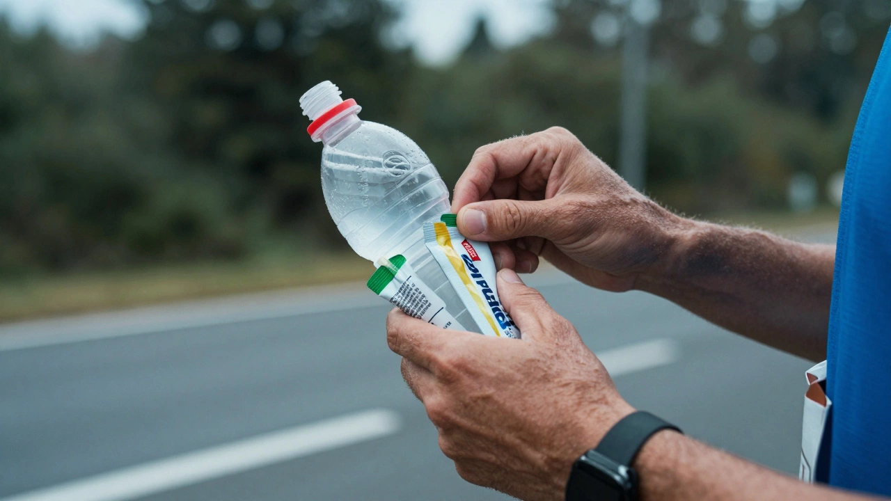 Runner holding water bottle and energy gel pause.