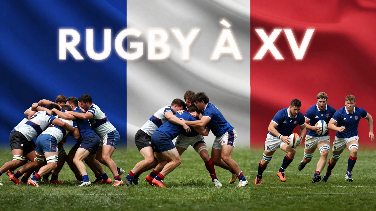 Three rugby formats side by side: 15-a-side, 13-a-side, and 7-a-side, with 'Rugby à XV' prominently displayed.