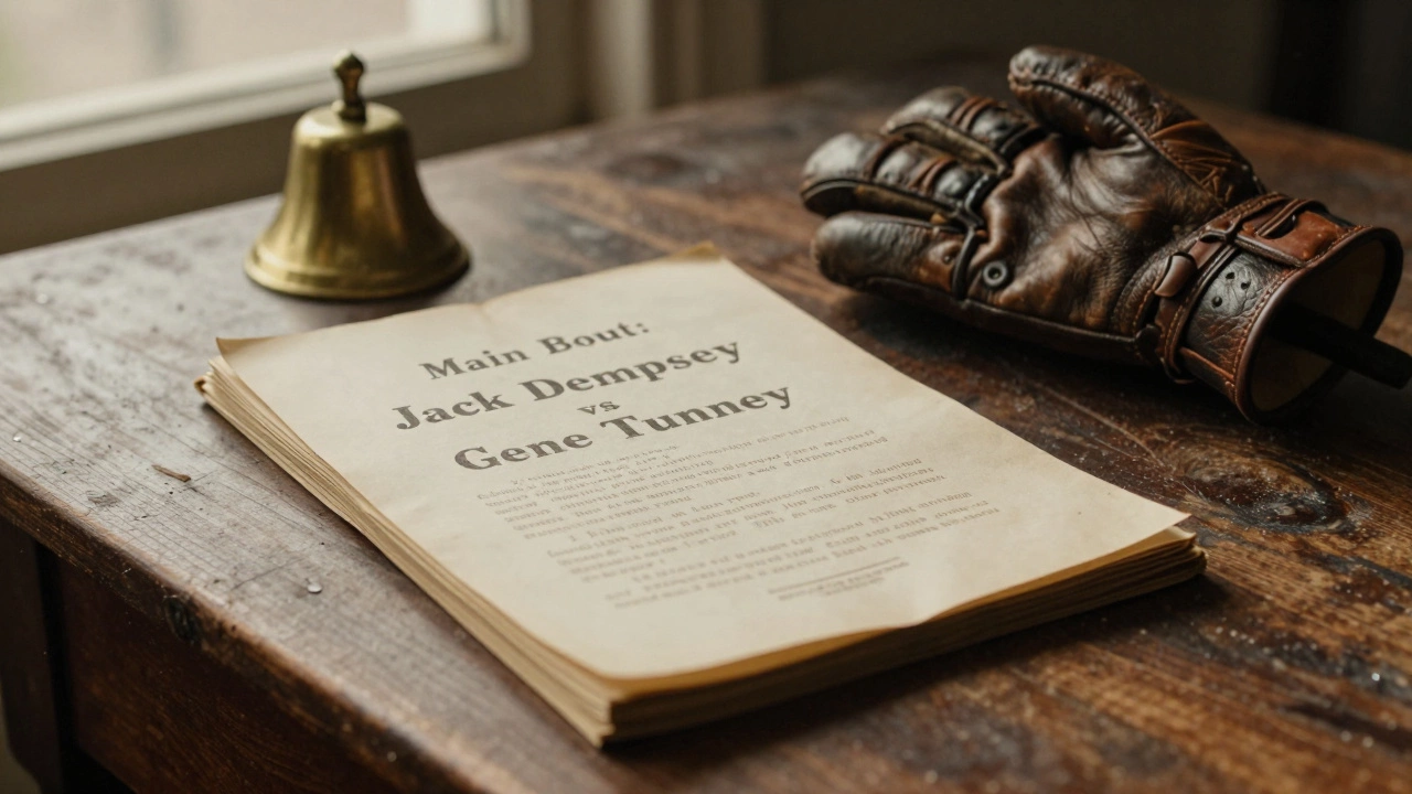 Vintage boxing program open on a table, showing 'Main Bout' with gloves and bell nearby.