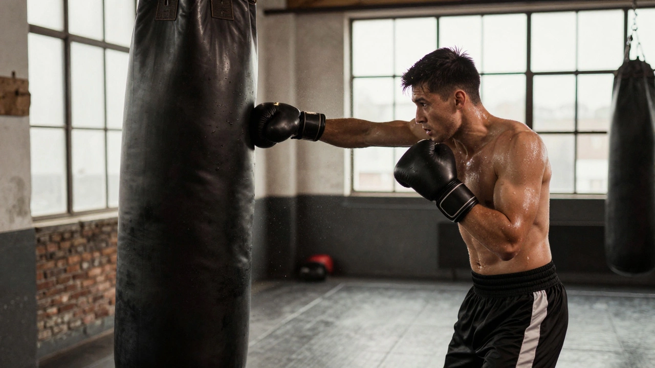 A boxer landing a powerful final punch on a heavy bag in a traditional boxing gym.