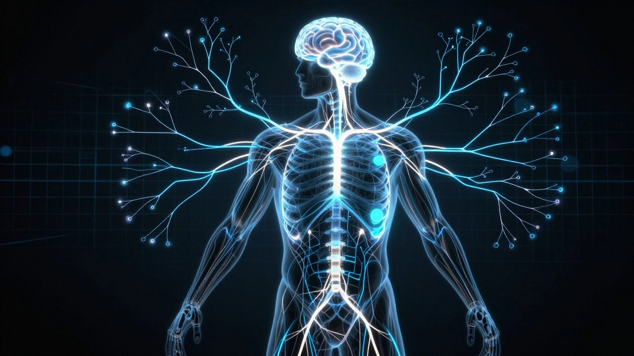 Abstract silhouette of an athlete with a glowing blue neural network showing CNS fatigue