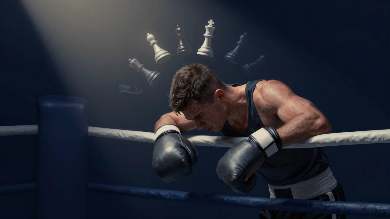 An exhausted boxer leaning on the ropes with abstract chess pieces symbolizing strategy.