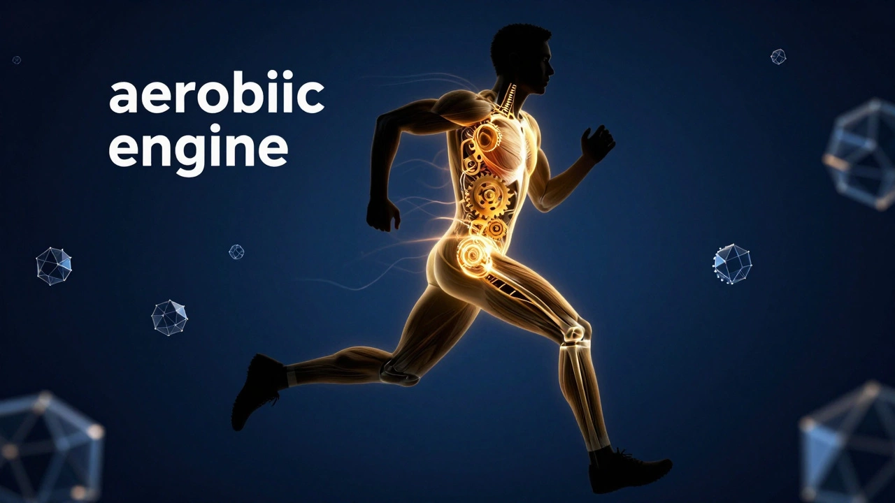 Artistic silhouette of a runner with glowing golden gears representing aerobic capacity.
