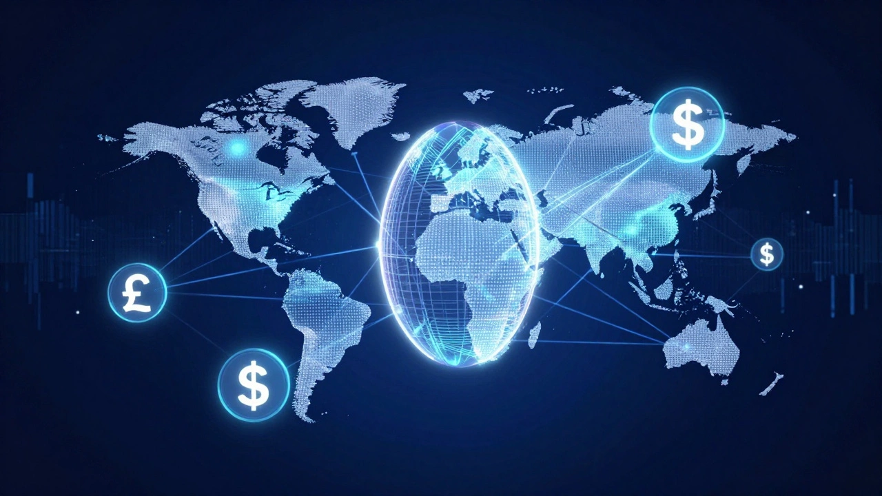 Conceptual 3D illustration of global rugby streaming and different regional currency symbols