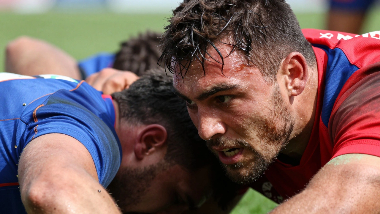 Extreme close-up of a rugby player's face during a scrum in high definition