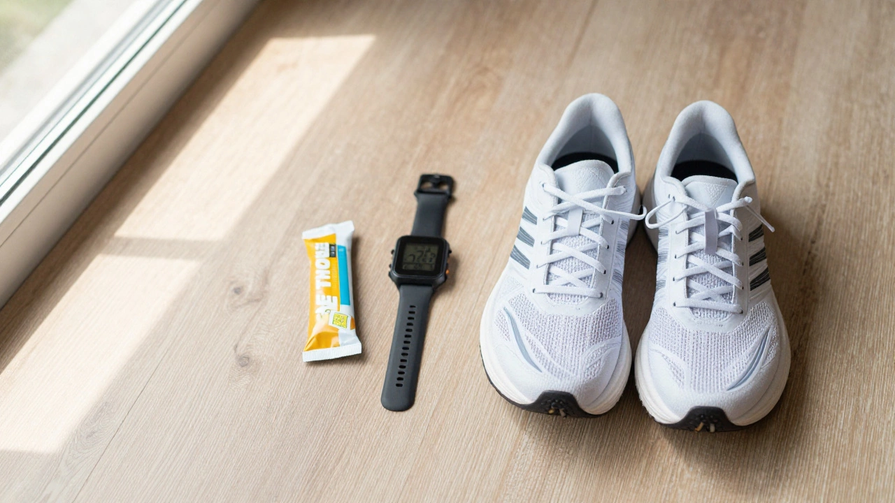 Flat lay of running shoes, a GPS watch, and an energy gel on a wooden floor.
