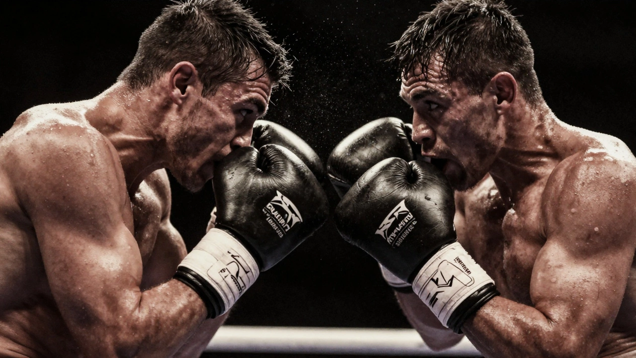 Two boxers exchanging powerful punches in a gritty, close-up action shot.