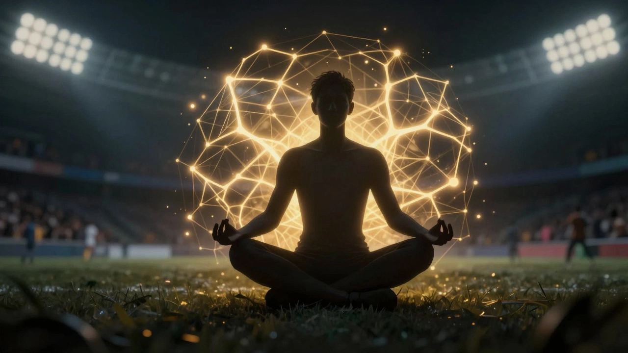 Abstract illustration of an athlete meditating with glowing neural pathways