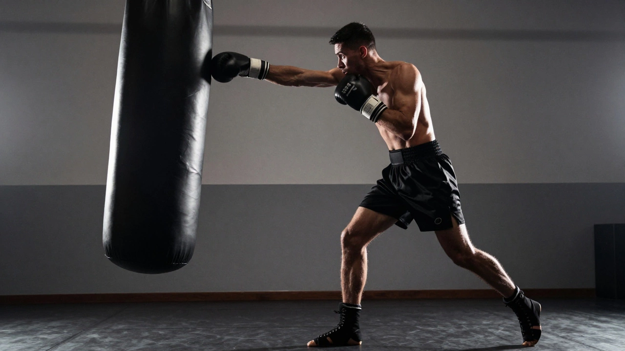 Action shot of a boxer landing a powerful cross on a bag