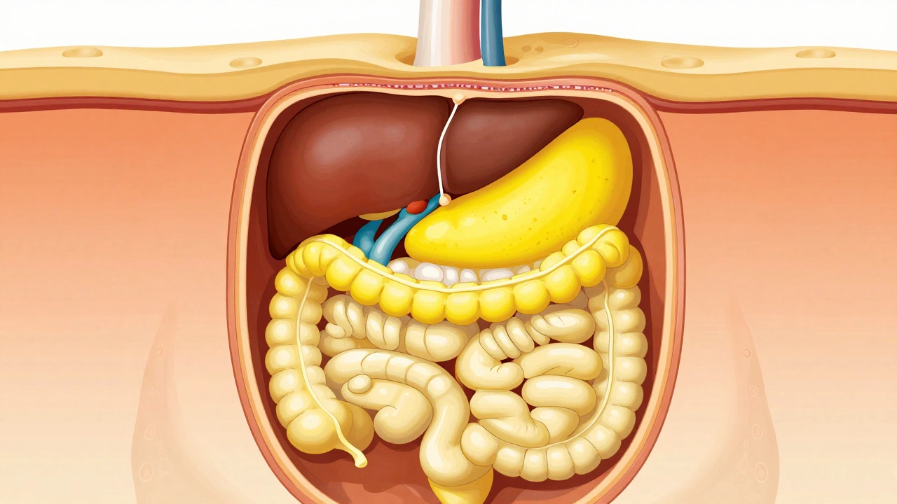 Anatomical illustration showing visceral and subcutaneous belly fat