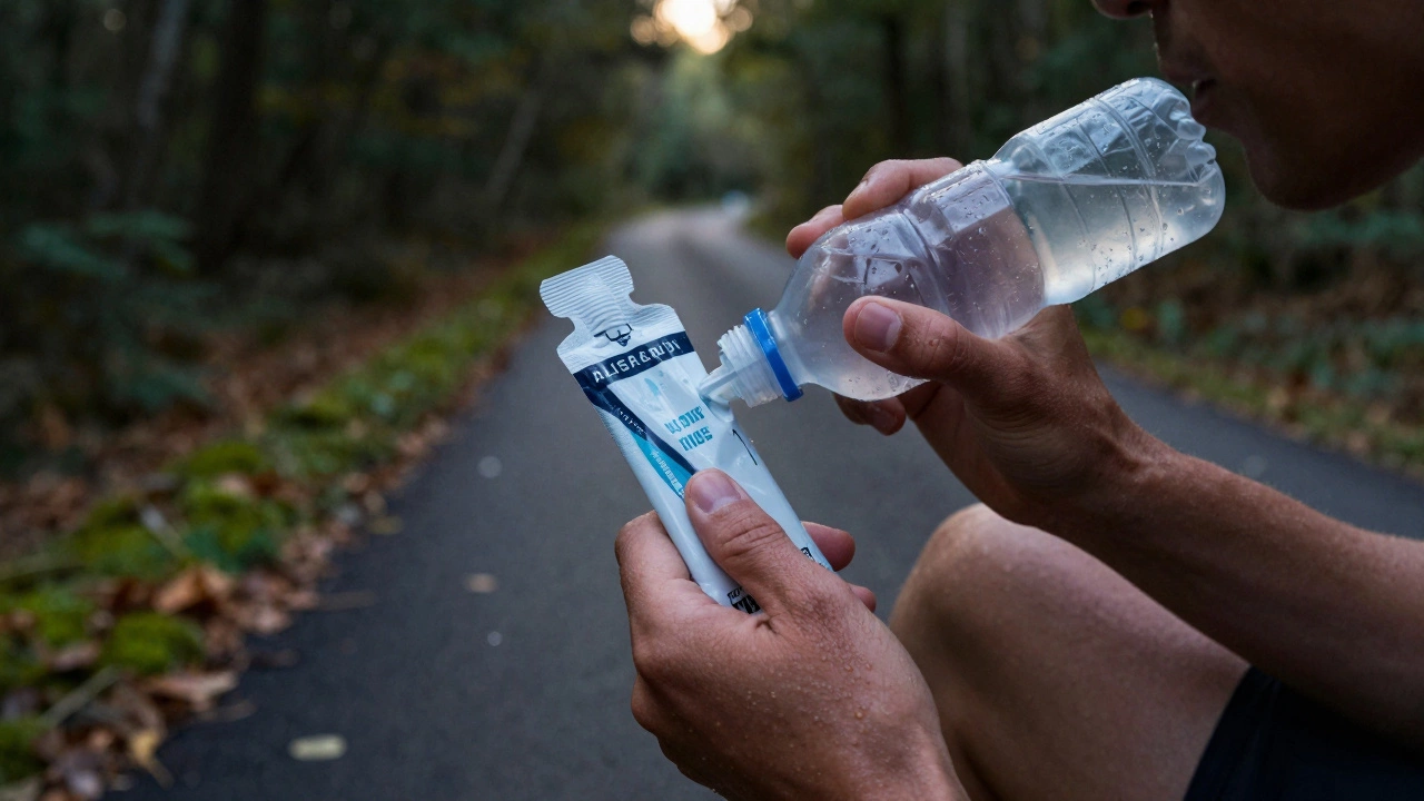 Athlete's hand holding a nutrition gel and water bottle on a forest path