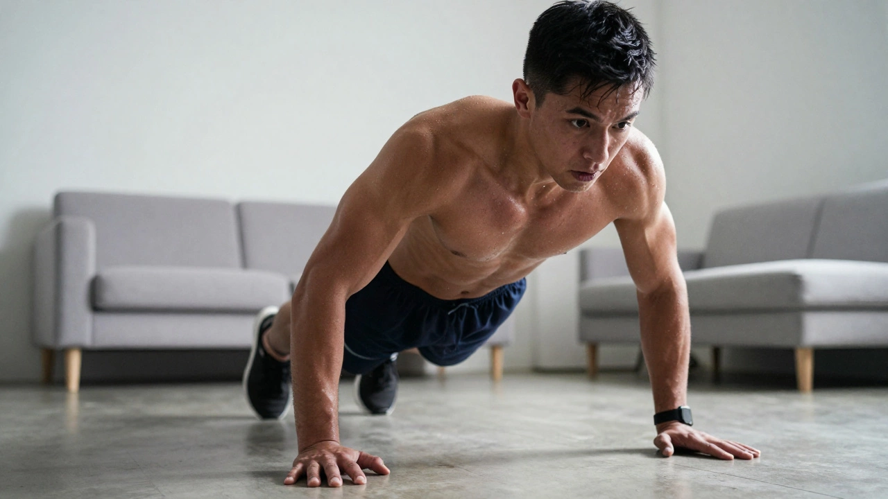 Athlete mid-burpee jump in home gym, sweating and focused during intense exercise