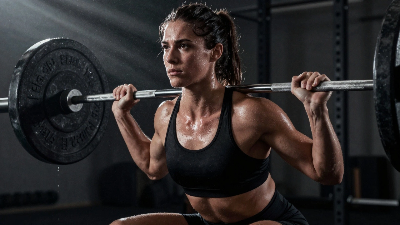 Athlete performing heavy barbell squat with intense focus and proper form
