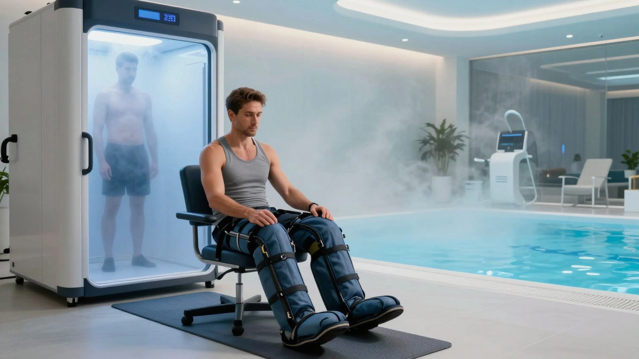 Athlete using compression boots near a cryotherapy chamber in a recovery center