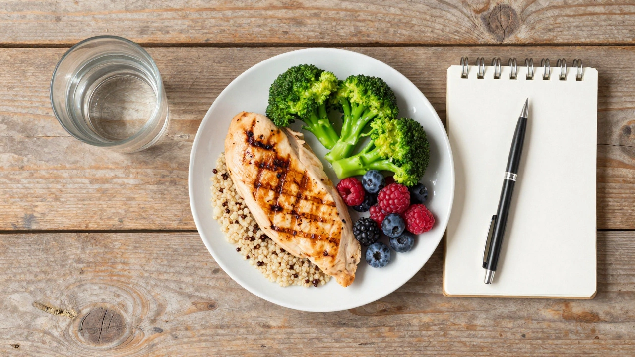 Balanced healthy meal with chicken and vegetables on a wooden table