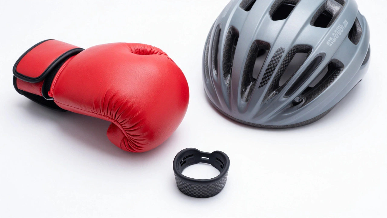 Boxing gloves, cycling helmet, and mouthguard on white