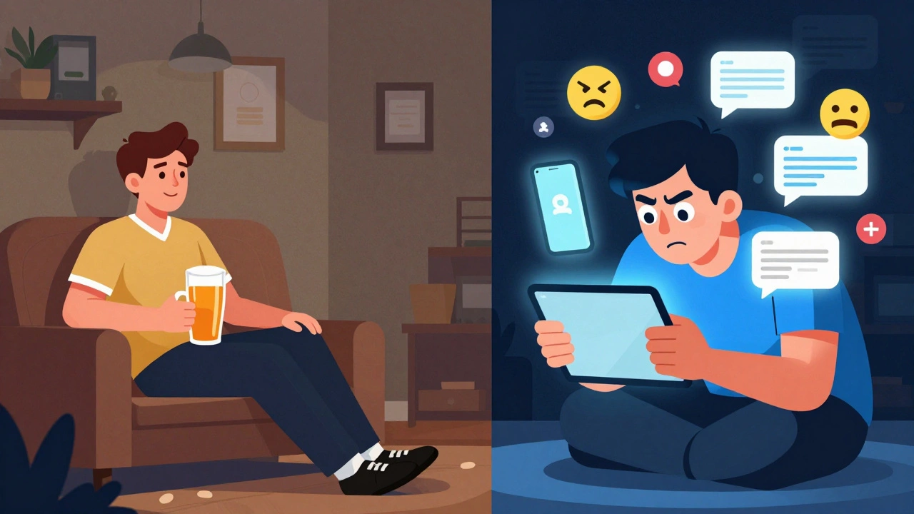 Contrast between calm TV viewer and frantic phone user