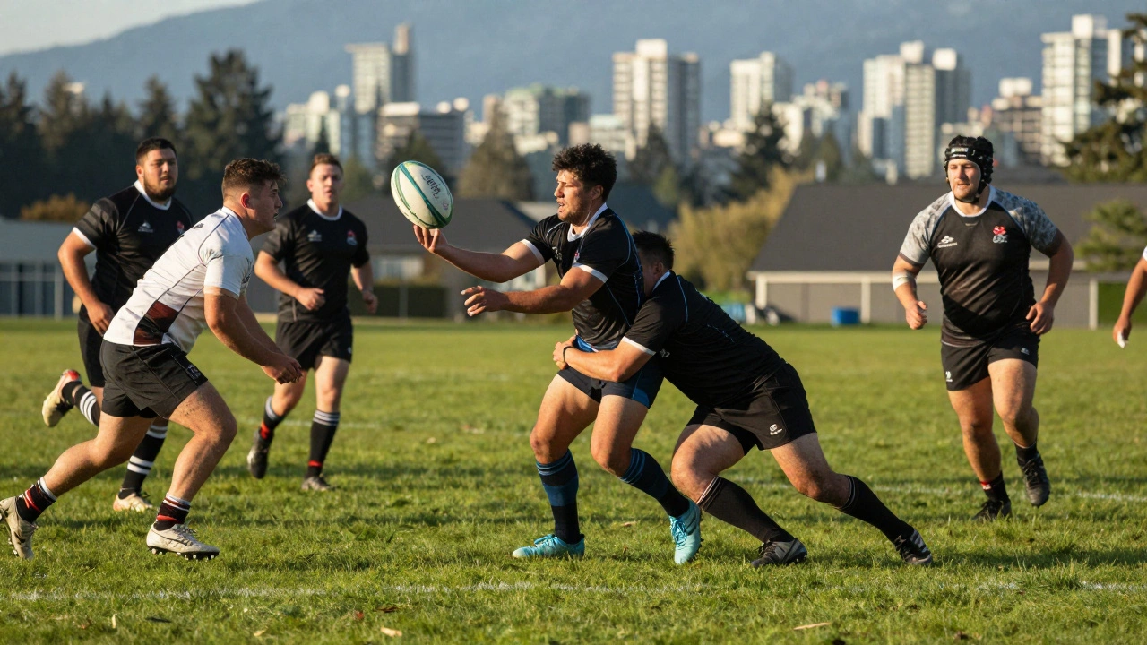 Diverse rugby union players passing ball on grass pitch