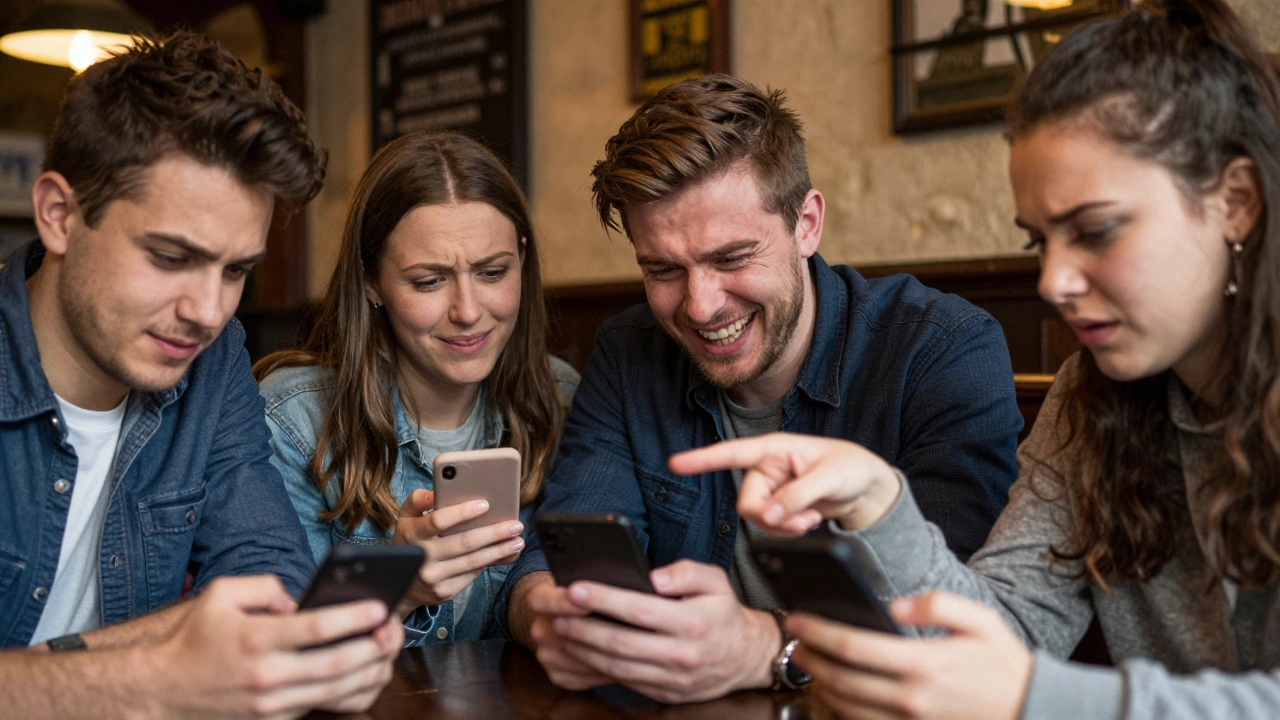 Friends laughing at phones in a cozy British pub setting