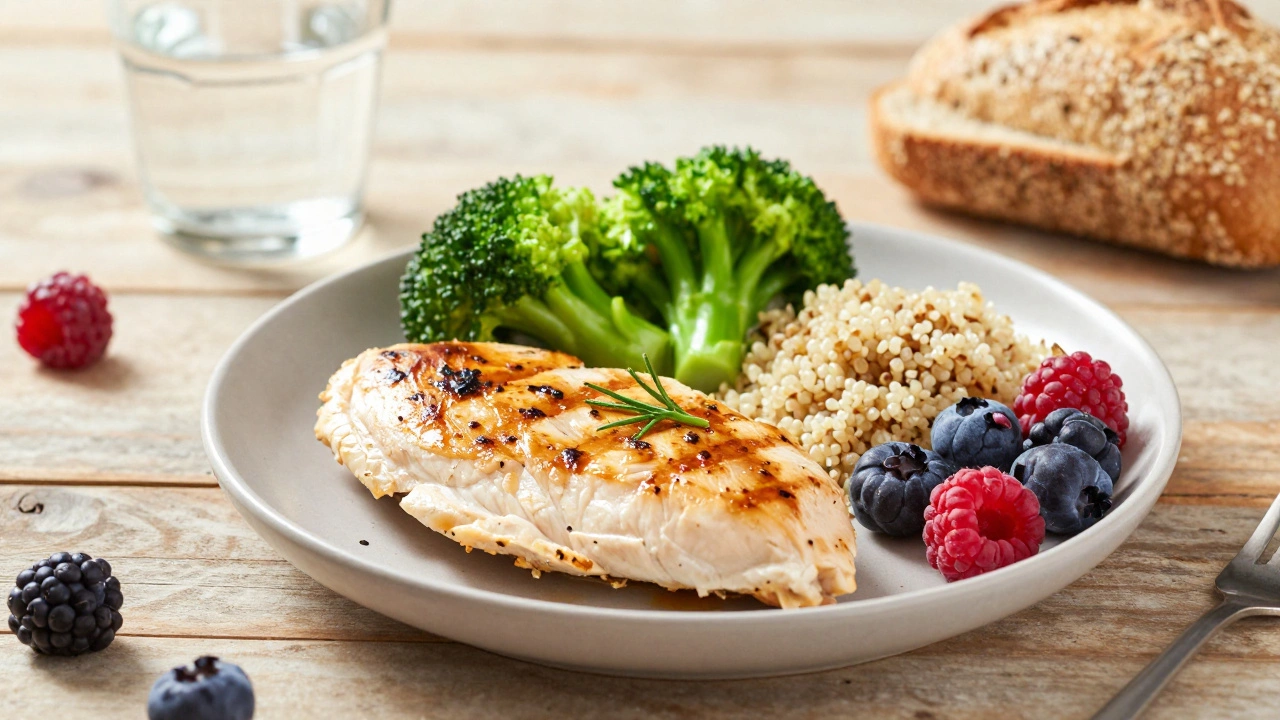 Healthy meal with chicken, quinoa, and vegetables on a table