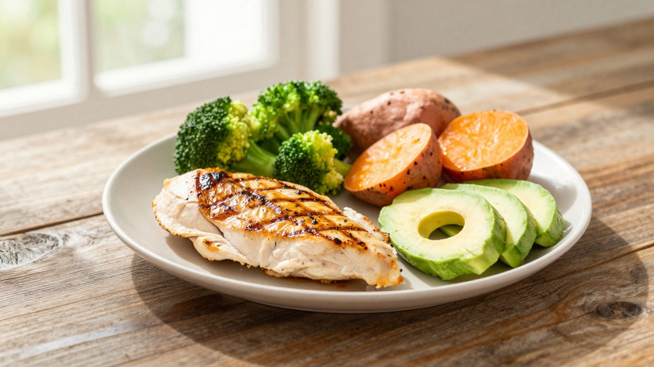 Healthy meal with chicken, vegetables, and sweet potatoes on a table