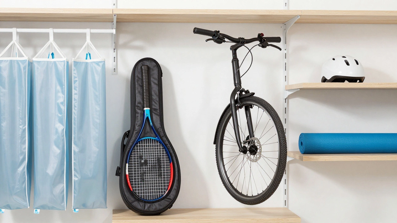 Organized sports gear stored properly in a dry closet