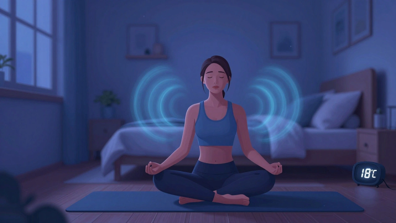 Person meditating in a dark, cool bedroom for stress relief