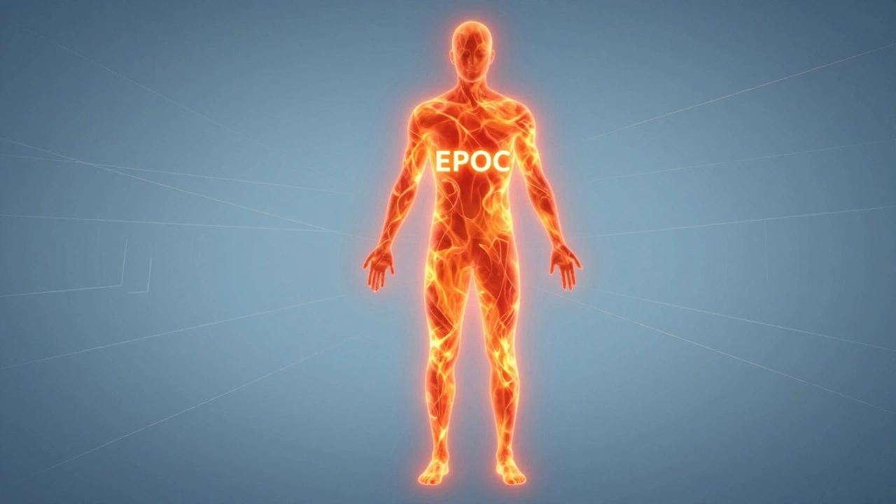 Stylized silhouette glowing with heat energy representing post-workout calorie burn