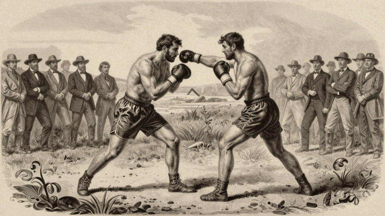 Vintage engraving of two bare-knuckle fighters battling in a field surrounded by spectators.